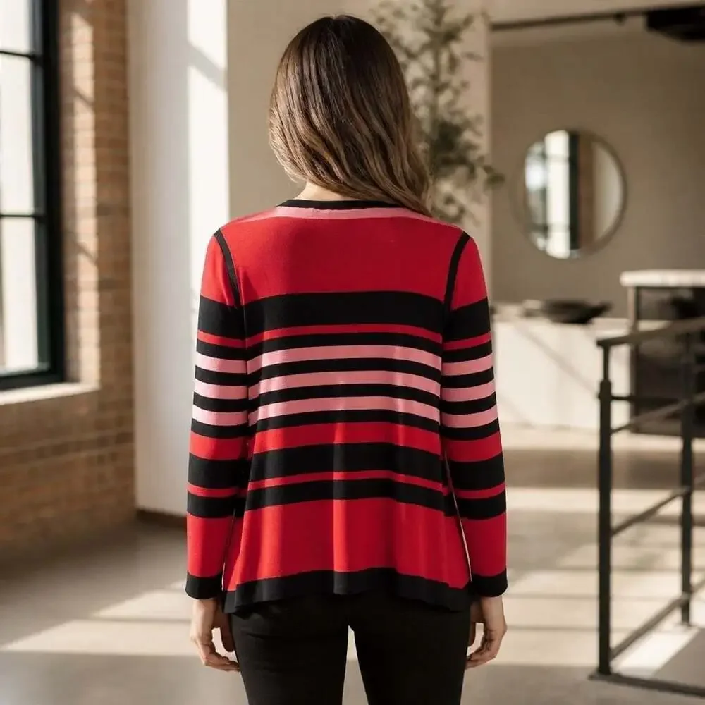 Misook Women's Red Black Striped Knit Open Front Jacket Cardigan Size M